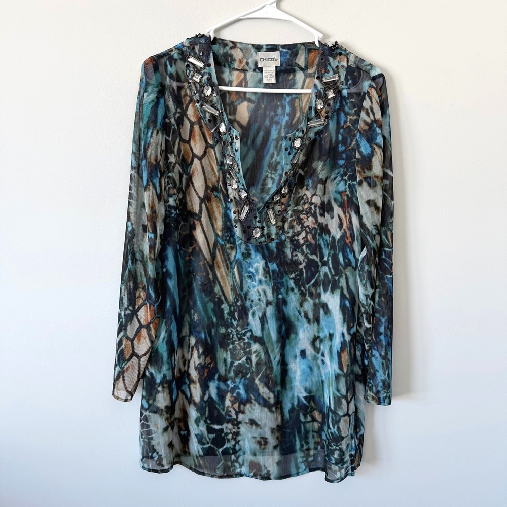Chico's Women Blue Abstract Animal Print Beaded‎ Crystal Split Neck Tunic Size 0